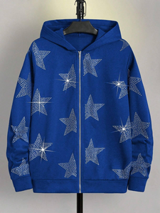 Sweat-shirt à capuche unisexe OEM avec étoile en strass, bleu, fermeture éclair, style streetwear décontracté, coupe oversize, tricoté 100% coton - Product Image 5