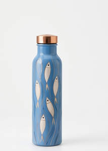 Bouteille d'eau artisanale en cuivre émaillé imprimé, motif poisson bleu de luxe, gourde ayurvédique pour le fitness, récipient écologique pour boissons - Product Image 2