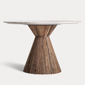 Sculptural Solid Reclaimed <b>Wood</b> Base With White Marble Round <b>Top</b> Marble & Wooden Dining <b>Table</b> For Home Office Kitchen Restaurant - Product Image 2