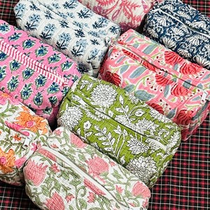 Ensemble de trousses de toilette classiques en coton bleu à motifs floraux avec fermeture éclair, pochettes de maquillage portables pour le voyage et le rangement personnel - Product Image 4