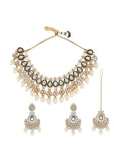 Parure Collier et Boucles d'Oreilles Plaqué Or, Imitation Perles, Cristaux et Strass, Design Géométrique pour Femme, Bijoux de Mariage, Coiffe Nuptiale - Product Image 2