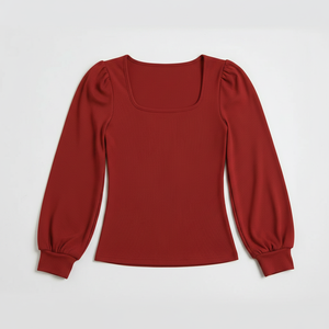 Haut côtelé à col carré et manches longues pour femme, coupe ajustée, en maille douce extensible, style basique moderne, vente en gros OEM - Product Image 4