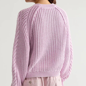 Custom Style 100% Acrylic Women's Pink Cable Knit Crop Pullover Crew Neck Lantern Sleeve Hand Knitted Casual Sweater Autumn - Product Image 2