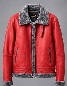 Champ <b>King</b> Men's Red Leather Jacket With Faux Fur Lining Stand Collar Zipper Closure Moto Biker Style Winter Thick <b>Coat</b> - Product Image 1