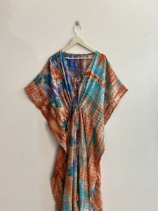 Robe kaftan longue en soie crêpe vintage tie and dye pour femme, tenue de détente - Product Image 5