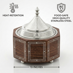 Opulent Arabian Style Insulated Chafing Dish & Hotpot Solid Wood Base with Hand Inlaid MOP Geometry & Textured Stainless Steel - Product Image 4