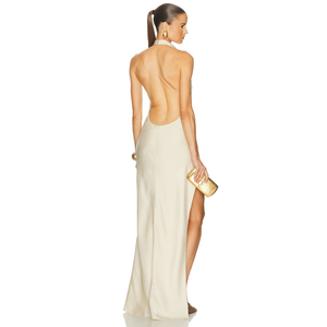 Elegant Satin Halter Neck Backless Evening Gown with High Slit - Product Image 5