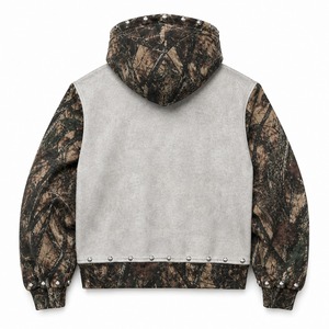 Custom Camo And Grey Zip Up Hoodie With Studded Patch Work And Custom Print Design For Unisex Wear - Product Image 2