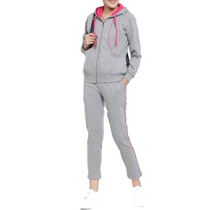 Women Gray <b>Pink</b> Hooded <b>Tracksuit</b> Set Full Sleeve Zipper Sporty Jogger Pants Breathable Polyester Cotton Casual Autumn Wear - Product Image 3