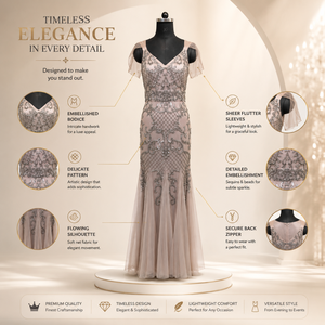 Luxury Women Champagne Embroidered Evening Gown Elegant V Neck Mermaid Maxi Dress Premium Designer Party Wear Wedding Reception - Product Image 5
