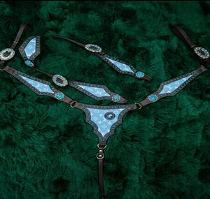 Horse tack western breast collar <b>leather</b> chest <b>harness</b> turquoise bead concho stud adjustable strap riding halter gear set - Product Image 3