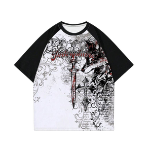 Camiseta Raglán Personalizada con Estampado Gráfico Vintage, Estilo Urbano Grunge con Calavera y Cruz, de Manga Corta, Oversize, de Algodón Pesado para Hombre - Product Image 5
