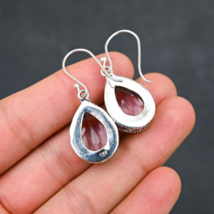Boucles d'oreilles personnalisées en Kunzite rose créée en laboratoire, en argent sterling 925, 1,9 pouce, faites à la main, bijoux en pierres précieuses, boucles d'oreilles fines de style antique, cadeau pour - Product Image 3