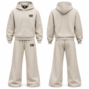 Ensemble de survêtement épais beige uni avec logo personnalisé, comprenant un sweat à capuche ample en molleton et un pantalon de survêtement baggy – Prix de gros - Product Image 1