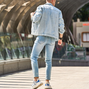 Trendy Oversized Canvas <b>Denim</b> Shirt Jacket Men Streetwear Stand Collar Front Logo Chic <b>Coat</b> - Product Image 5