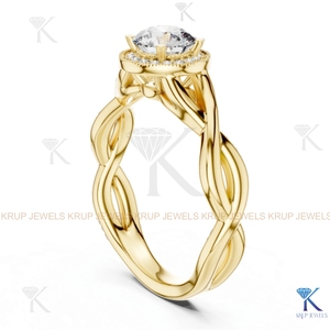 Bague de fiançailles personnalisée en diamant CVD HPHT cultivé en laboratoire, avec halo, bande torsadée tressée et bordure milgrain, en or massif 14 carats, certifiée IGI, cadeau, bague de mariée - Product Image 5