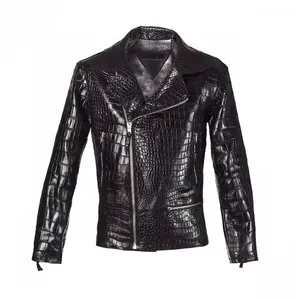 Men's Customizable <b>Black</b> Embossed PU Leather Canvas Moto <b>Jacket</b> Turn-Down Collar Zipper Closure Slim Fit Reversible Windproof - Product Image 6