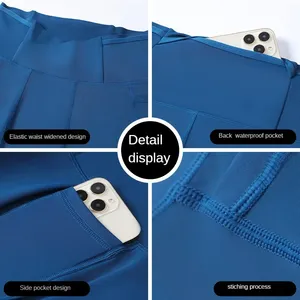 Shorts de compression mi-taille pour hommes, bleus, en Spandex et Polyester, à séchage rapide, avec poches, pour le sport, la course, la gym et le fitness - Product Image 4