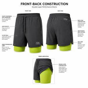 Men's Double-<b>Layer</b> Performance Shorts With Compression Liner Elastic Waist Drawstring Side Pockets Sporty Style - Product Image 3