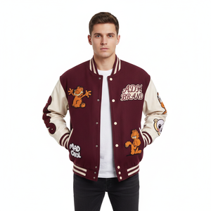 Veste universitaire pour homme de couleur marron, manches crème, patch brodé Garfield, veste de baseball bomber, style preppy streetwear - Product Image 3