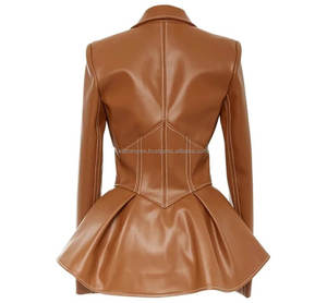 Marron Peplum Style cuir femmes vestes fermeture à glissière revers col à manches longues taille haute tunique manteau élégant Slim Fit Design - Product Image 2