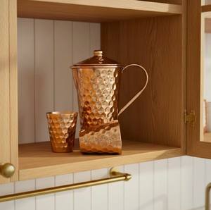 Ensemble carafe et verre à eau en cuivre pur de style bohème avec couvercle à poignée métallique et composants en verre, capacité 1,5 L - Product Image 4