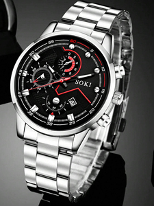 Reloj de pulsera para hombre 192060 de acero inoxidable con calendario y cuarzo, y juego de joyería de collar y pulsera con detalles de letras (2 piezas) - Product Image 3