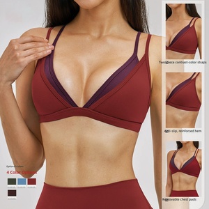 Women's Sports Bra Deep V-<b>Neck</b> Contrast Straps Removable <b>Pads</b> Yoga Fitness Wear Maroon Color Medium Support Seamless Breathable - Product Image 1