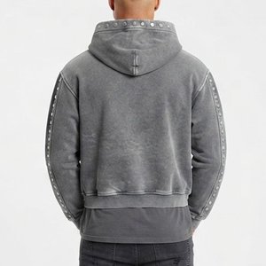 Sweat-shirt à capuche zippé surdimensionné pour homme, gris, en molleton de coton lavé, avec strass personnalisés et détails cloutés, style décontracté pour l'automne - Product Image 2