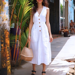 Summer Organic Cotton V Neck Button Front Loose Fit Plus Size Midi Vintage High Waist Everyday Wear Vacation Dress - Product Image 1