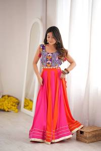 <b>Women</b> Ethnic Floor-Length Rayon <b>Lehenga</b> Set Embroidered Mirror Work Blouse Wrinkle-Free Pink Orange Gota Patti Work Party Wear - Product Image 2