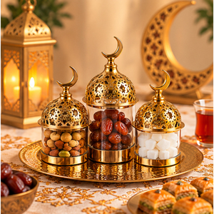 Ensemble de pots de rangement Ramadan avec plateau de service doré, décoration de table islamique, pot à bonbons en forme de croissant de lune avec couvercle, pot en verre de style arabe - Product Image 4