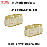 Sac à outils en toile à poches multiples avec renfort en cuir idéal pour les professionnels et les projets de bricolage.