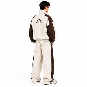 Top Demand Men's Off-<b>White</b> & Brown Sustainable Printed Tracksuit Full <b>Zip</b> Stand Collar Loose Fit Casual Wear With Side Pockets - Product Image 4