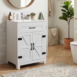 Mobile bagno con lavabo, ante a doppia anta in truciolato melaminico bianco lavato, ripiani interni a U, 61x47x85cm - Product Image 5