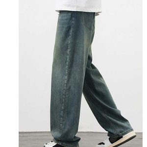 Pantalon en jean délavé taille haute pour homme, coupe large, décontracté, respirant, en coton, style automne, devant plat, fermeture boutonnée - Product Image 4