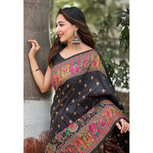 Sari de Seda Cachemir Pashmina Negro Jade de Elite Weaves con Zari Tejido, Ropa India y Pakistaní, 700g - Product Image 4