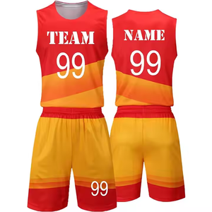 Conjunto de Uniforme de Baloncesto Personalizado Rojo Naranja Amarillo con Estampado por Sublimación Equipo 99 Unisex Adulto Transpirable Jersey y Pantalones Cortos de Poliéster - Product Image 1