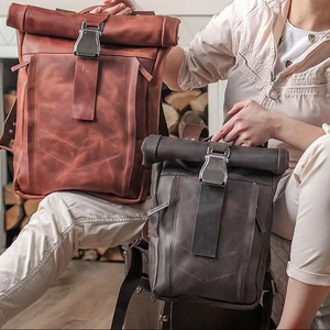 Genuine Leather <b>Roll</b> Top <b>Backpack</b> Minimalist Design Laptop Bag Waterproof Cowhide Rucksack LTBP-0022 - Product Image 1
