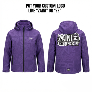 Veste softshell homme premium, tissu polyester 300 GSM, à capuche, coupe-vent, pour extérieur, design imprimé violet, logo personnalisé, export - Product Image 1