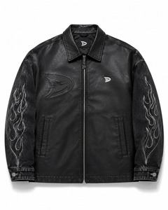 Men's Black PU Leather <b>Biker</b> <b>Jacket</b> With Embossed Flame Design And Zipper Closure - Product Image 1