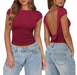 Top corto rojo de manga media para mujer, espalda hueca, tejido, ajustado, sexy, para discoteca, primavera-verano, cuello redondo, camiseta, blusa sexy transpirable - Product Image 6