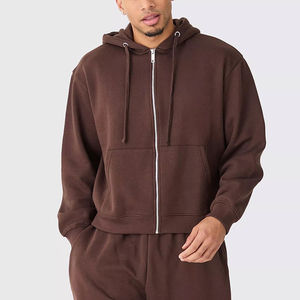 Conjunto de Sudadera con Capucha y Cremallera para Hombre, Color Marrón, con Pantalones Cortos Casuales de Felpa, Atuendo Combinado para Otoño, de Algodón Tejido, Color Sólido - Product Image 4