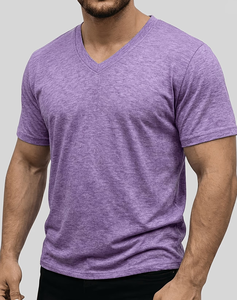 Men's V-Neck Short Sleeve Solid for Cotton Casual T-Shirt Regular Fit Breathable Enzyme Wash Jersey Fabric 180g Eco-Friendly - Product Image 1