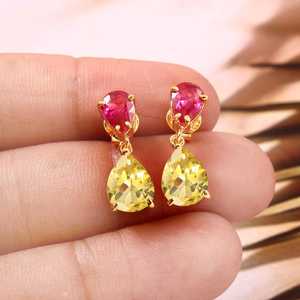 Boucles d'oreilles en saphir et rubis, pierres précieuses, pierres de naissance de septembre, argent sterling 925, plaqué or 14 carats, bijoux - Product Image 5