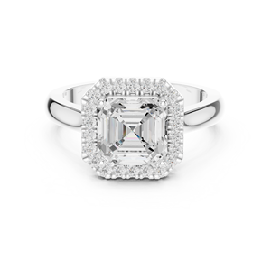 Anillo de compromiso solitario con halo de diamantes brillantes talla Asscher y banda lateral con diamantes pavé, joyería de oro blanco macizo de 14k - Product Image 4