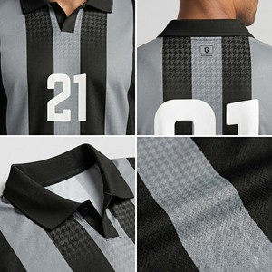 Retro Soccer Jersey Men's Black Grey Vertical Striped Polo Collar Football Shirt Custom Number OEM Teamwear - Product Image 4