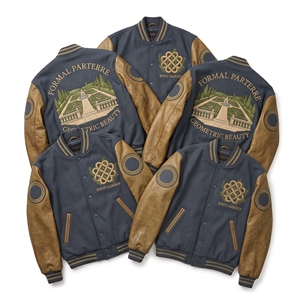 Chaqueta Letterman al por mayor, abrigo universitario de lana verde con bordado de pavo real y mangas de cuero tostado, estilo bomber. - Product Image 2