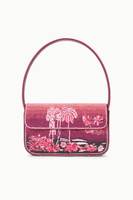 Mini sac bohème brodé en textile avec rabat, motif palmier rose, style estival, à porter à la main, 7 pouces