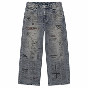 DRAVELLE INDUSTRY Jean droit pour homme en denim imprimé numérique, taille haute, coupe régulière, délavé, style streetwear automne - Product Image 1